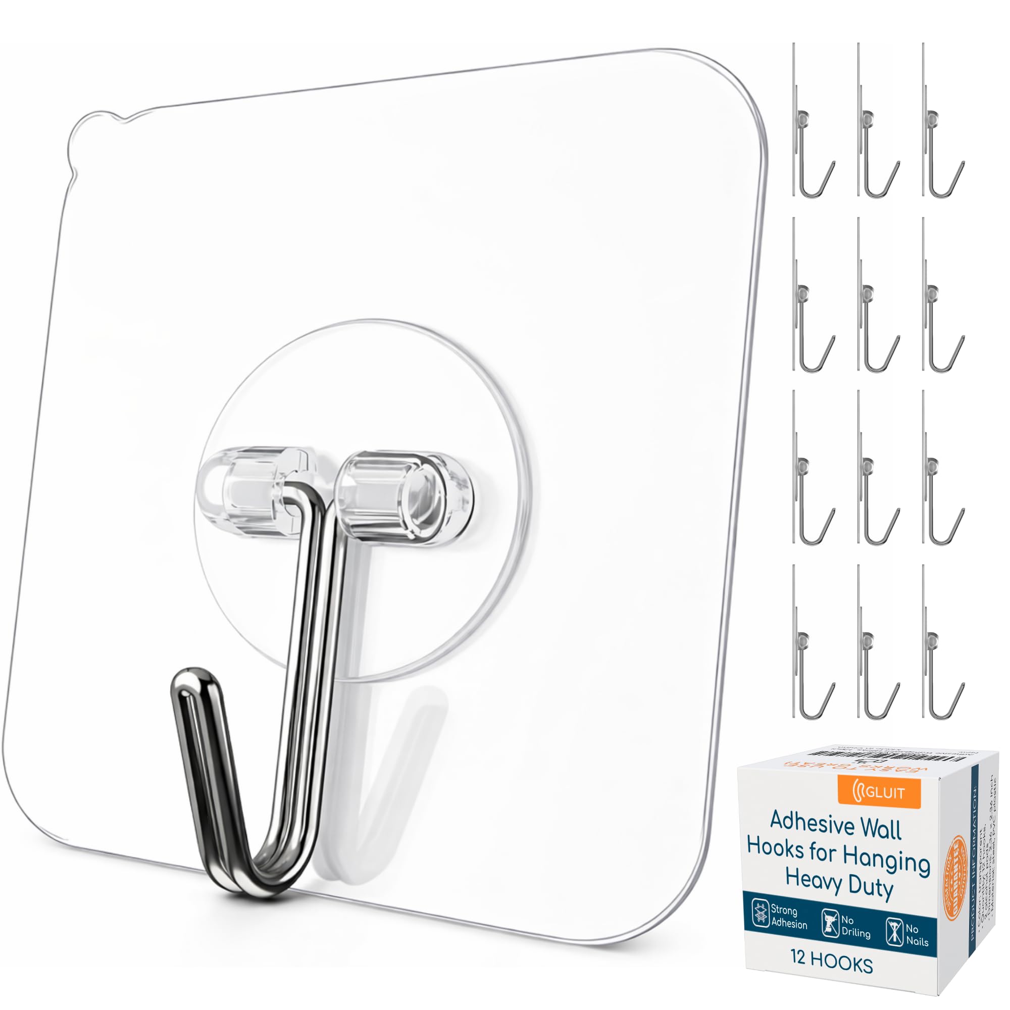 GLUIT Adhesive Wall Hooks for Hanging, Heavy Duty No Drill, 22 lbs, 12 Pack