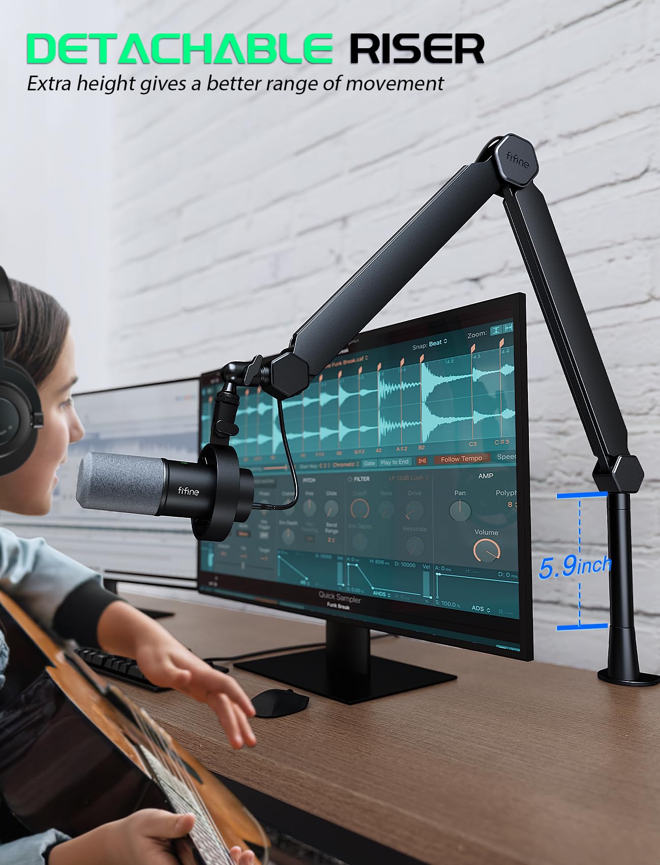 FIFINE Mic Boom Arm, Microphone Stand with Cable Management Channels, Extension Tube, Desk Clamp, Thread Adapter, Fully Adjustable Metal-Built Podcast Mic Arm for Streaming Gaming Recording-BM66T