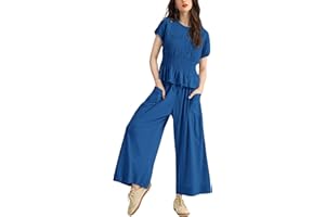 Antnation Womens 2 Piece Smocked Top Wide-Leg Pants Set High-Waisted Lounge Outfit with Pockets Casual Boho Matching Set