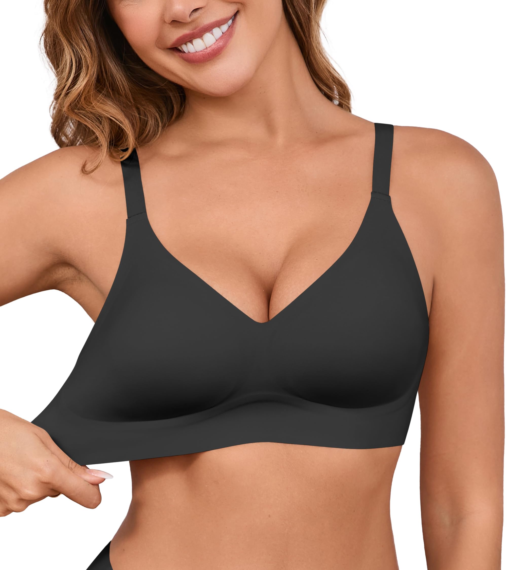 Photo 1 of DEANGELMON Seamless Bras for Women No Underwire Comfortable Push Up Bra V Neck Wireless Bralette Full Coverage Wire Free Black Large