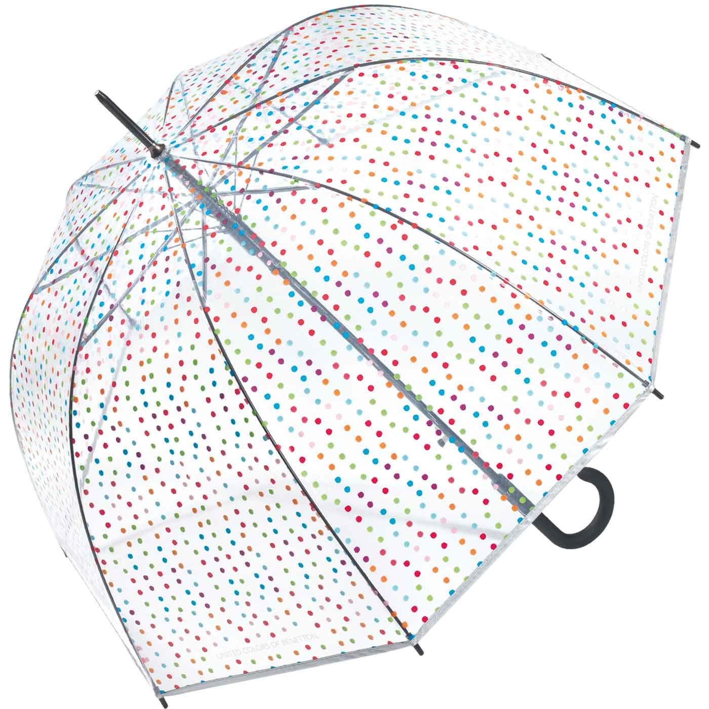 Divertido paraguas con lunares de colores y forma de campana.