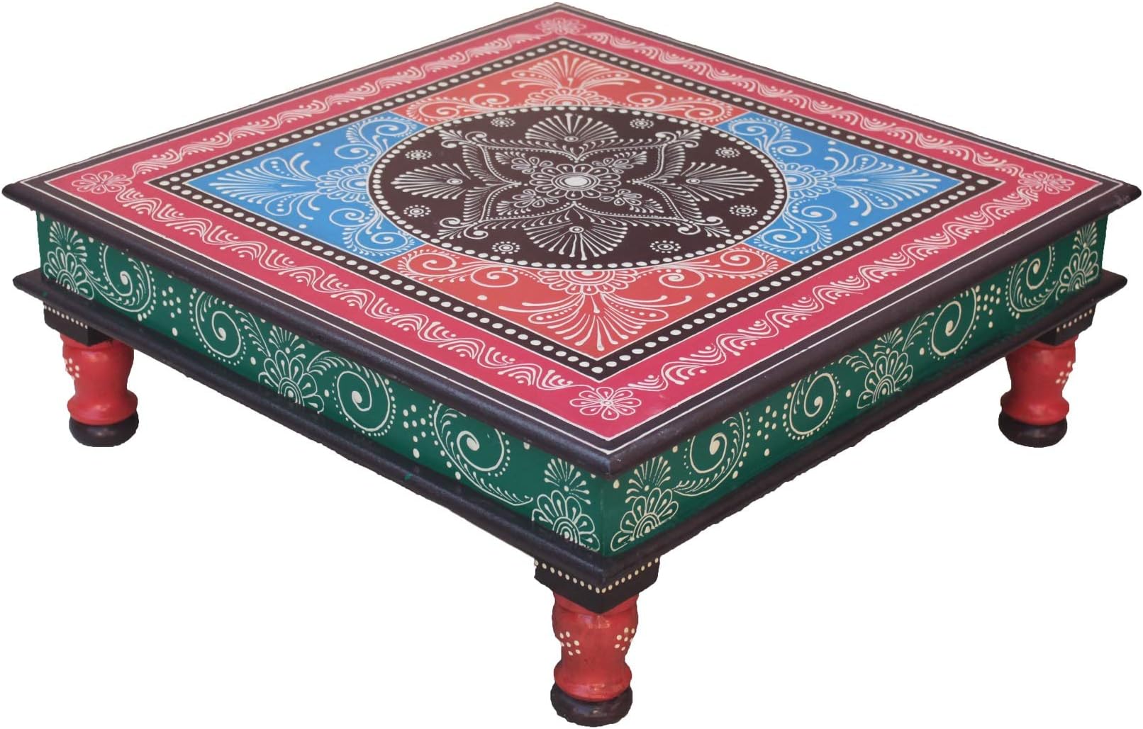 Crafticia Wooden Chowki Traditional Bajot Stool with Intricate Paint for Sitting or Puja Purpose (18 inch, Multicolor)