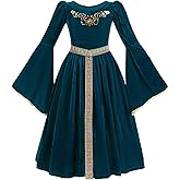 FCCAM Blue Girls Renaissance Dress Costume Flare Sleeve Medieval Princess Costume Kids with Belt