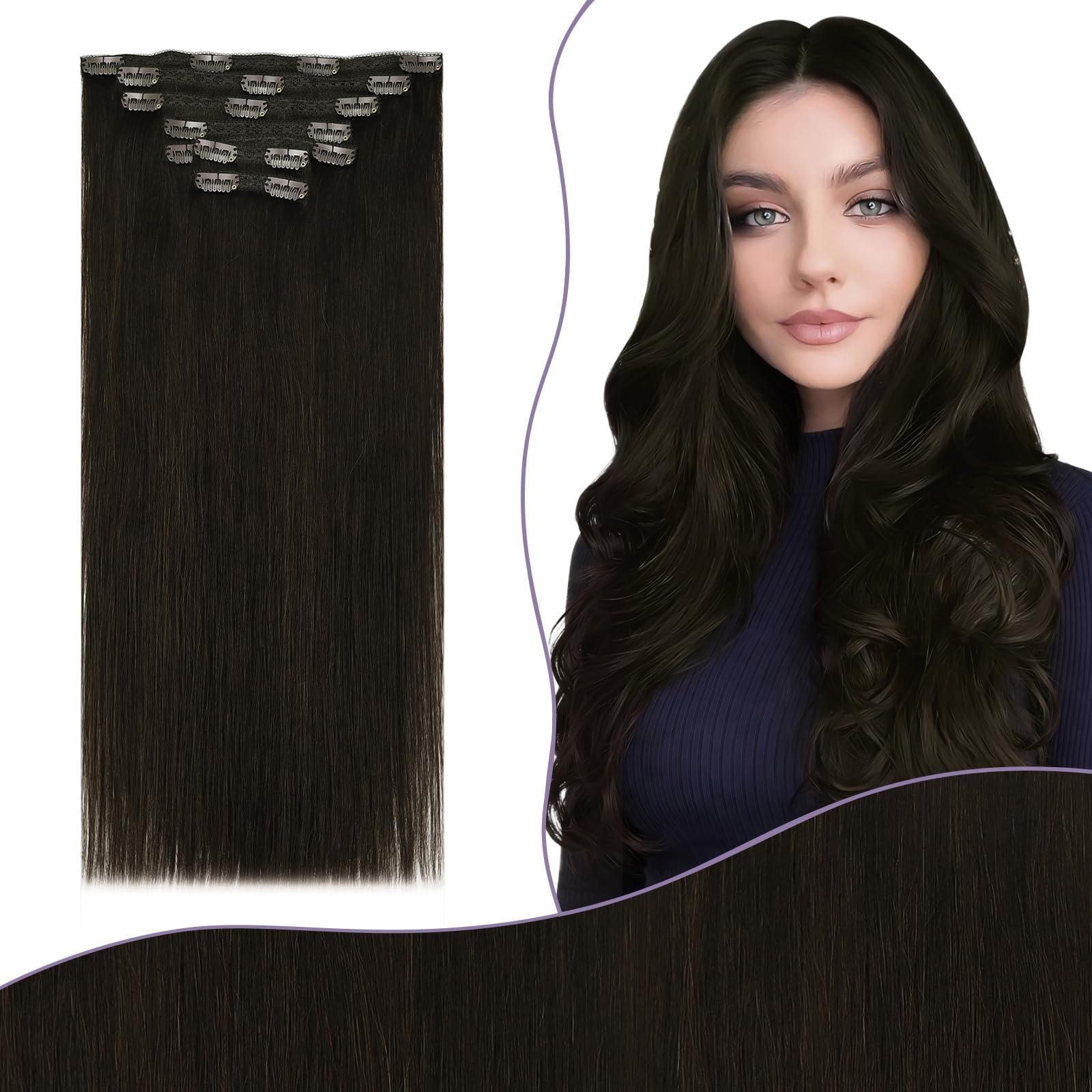 Fshine Dark Brown Hair Extensions Clip in Human Hair 22In Dark Brown Straight Hair Clip in Hair Extensions Darkest Brown Clip in Remy Hair Extensions Long Thick Hair 7pcs 120g — image 1