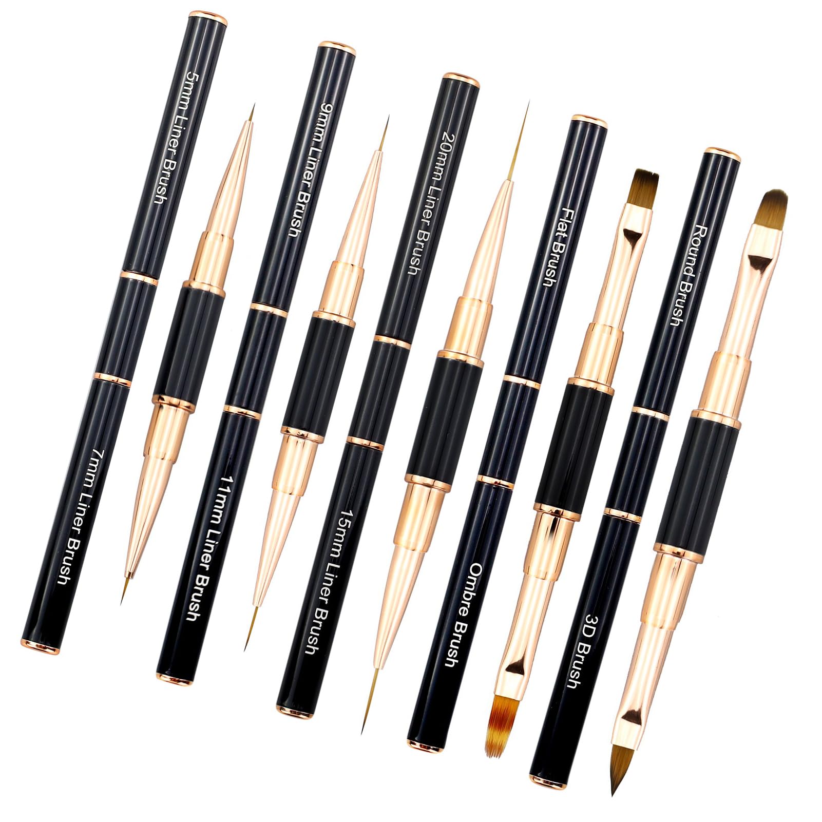 5 Pcs Professional Nail Art Brush Set - Dual-Ended Liner, Acrylic Dust Brush, Fine Line Painting Brush for Gel Polish and DIY Nail Designs (Black & Gold)