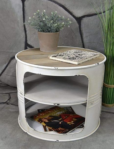 Livitat® Couchtisch Beistelltisch Weiß Metall Ölfass Vintage Industrie Look LOFT Shabby LV5024