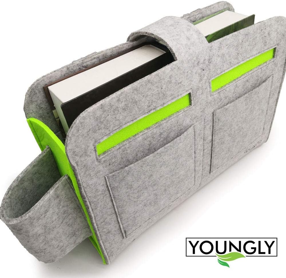 YOUNGLY Premium Organizer Pouch (Bedside Caddy w/ Drink Holder) - For College Students, Home Office, Hospital Bed, and Parents - For use on Dorm Beds, Bunk Beds, Almost Anywhere With Railings! [UPGRADED]
