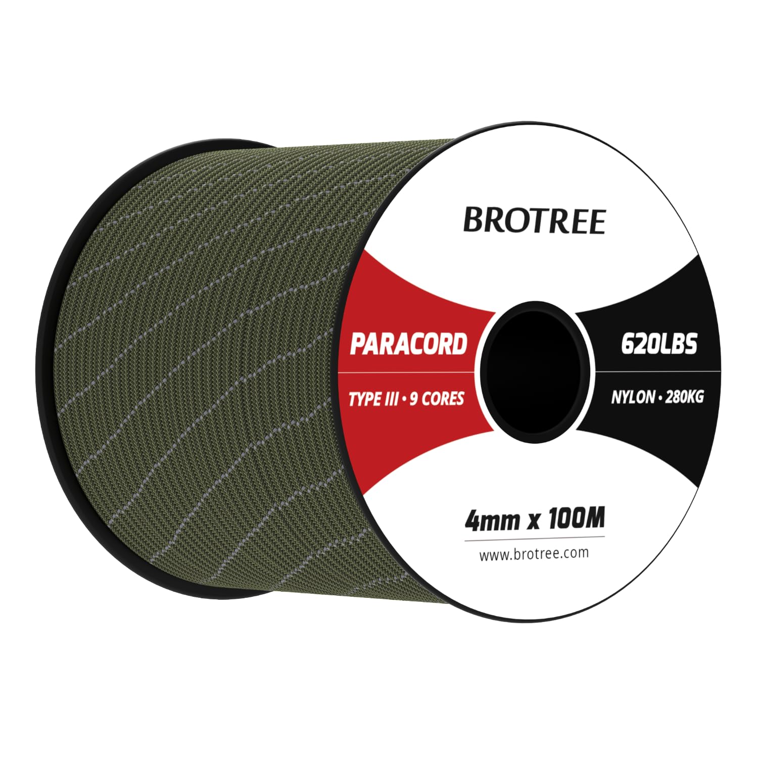 Brotree Paracord 4mm 100M 9 Strands 100% Nylon Rope Type 3 Parachute Cord for Outdoor, Bracelet, DIY - 280kg Breaking Load (Reflective Army Green)