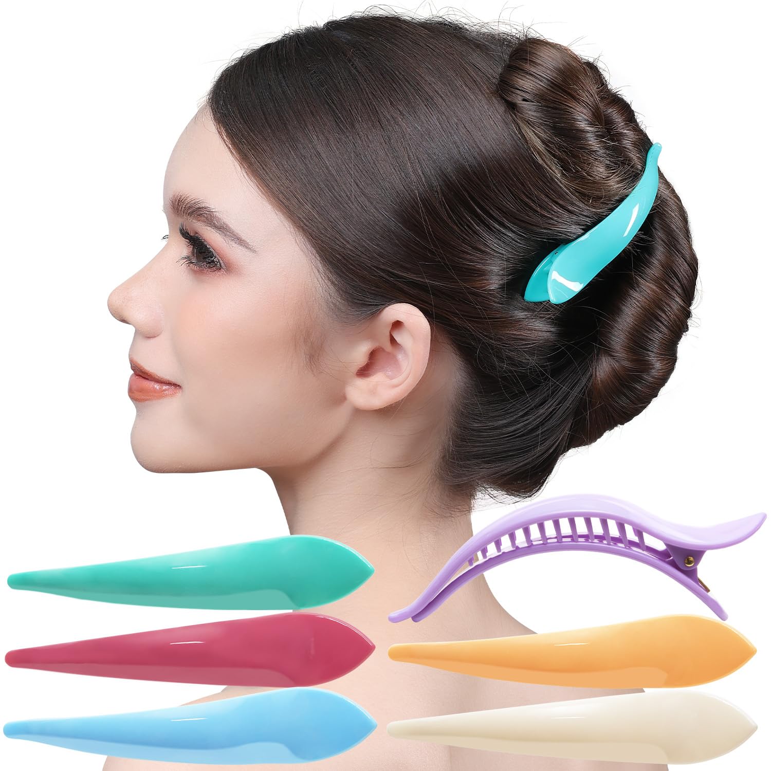 RC ROCHE 6 Pcs Duck Bill Alligator Hair Clips for Women Sectioning Flat Claw Long Thick Hair Inner Teeth Curved Styling Jaw Strong Secure Grip Salon, Large Pastel Multicolor