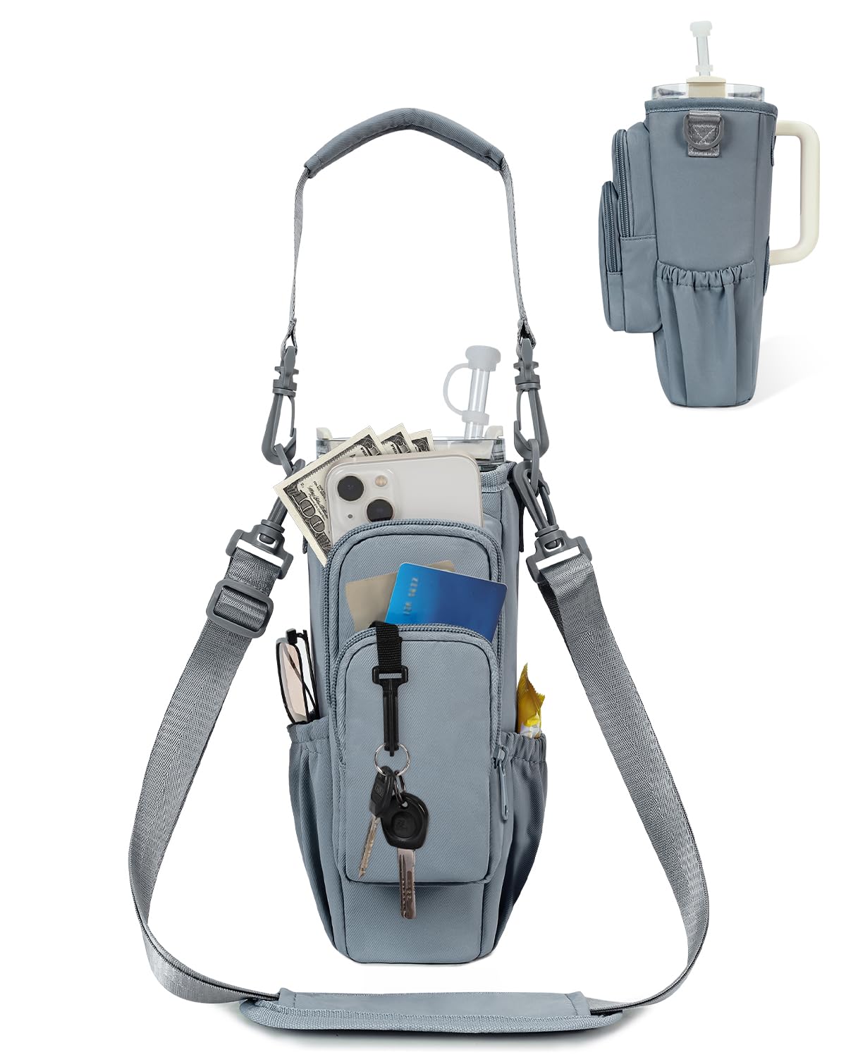 sportsnew 40oz Water Bottle Carrier Bag, Insulated Tumbler Holder with Phone Pocket & Adjustable Strap, Compatible with Stanley Cup, Leak-Resistant Bottle Pouch with Straw Cover