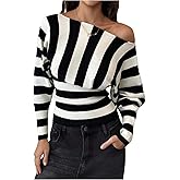 MakeMeChic Women's Striped Off The Shoulder Top Long Sleeve Knit Pullover Sweater Black and White Large