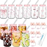 Yetene 6 Pcs Coquette Pink Bow Glass Cup Bulk 16oz Aesthetic Cute Glass Cup with Lids and Straws Reusable Pink Bow Silicone Straw Toppers Lids Protectors 2 Brush for Drinking Iced Coffee Tea Cocktail