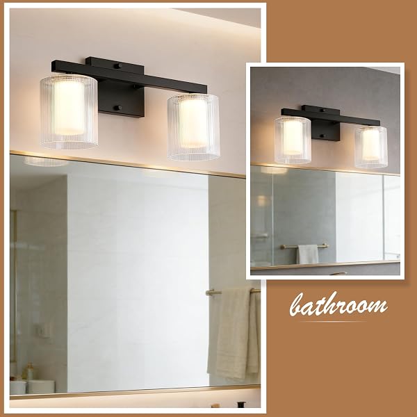 NWAPRH 2-LIGHT BATHROOM VANITY LIGHT, 15.75″ MATTE BLACK LED BATHROOM LIGHT FIXTURE WITH RIBBED GLASS SHADES, 3000K WARM WHITE WALL SCONCE, UP/DOWN MOUNT MODERN LIGHTING FOR MIRROR CABINET
