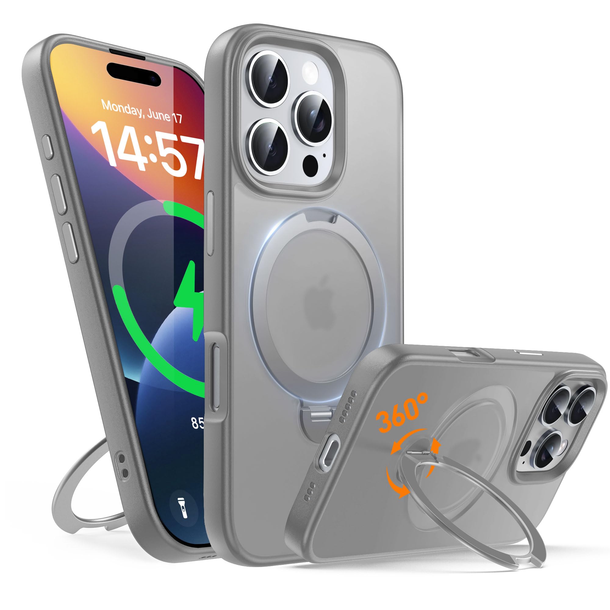 Photo 1 of 360° Rotatable Magnetic Ring Invisible Kickstand for iPhone 16 Pro Case [Non-Slip Texture Edge] [Compatible with MagSafe] [Military Shockproof] Translucent Cover Durable TPU Bumper, 6.3'', Grey