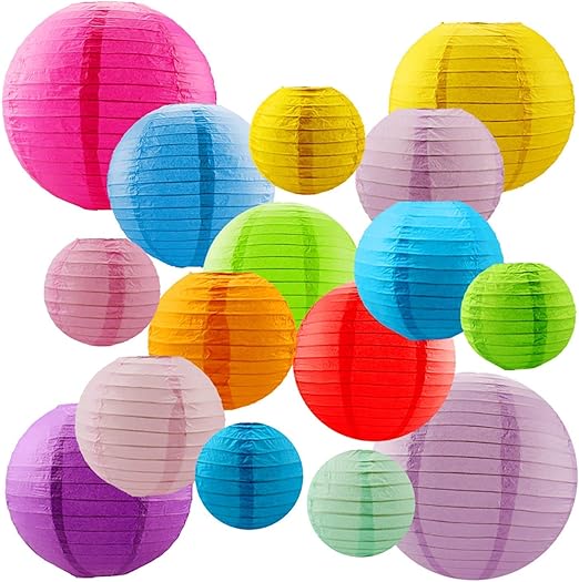 Newthinking 16 PCS Paper Lanterns, Round Colorful Paper Lantern with Wire Ribbing, Different