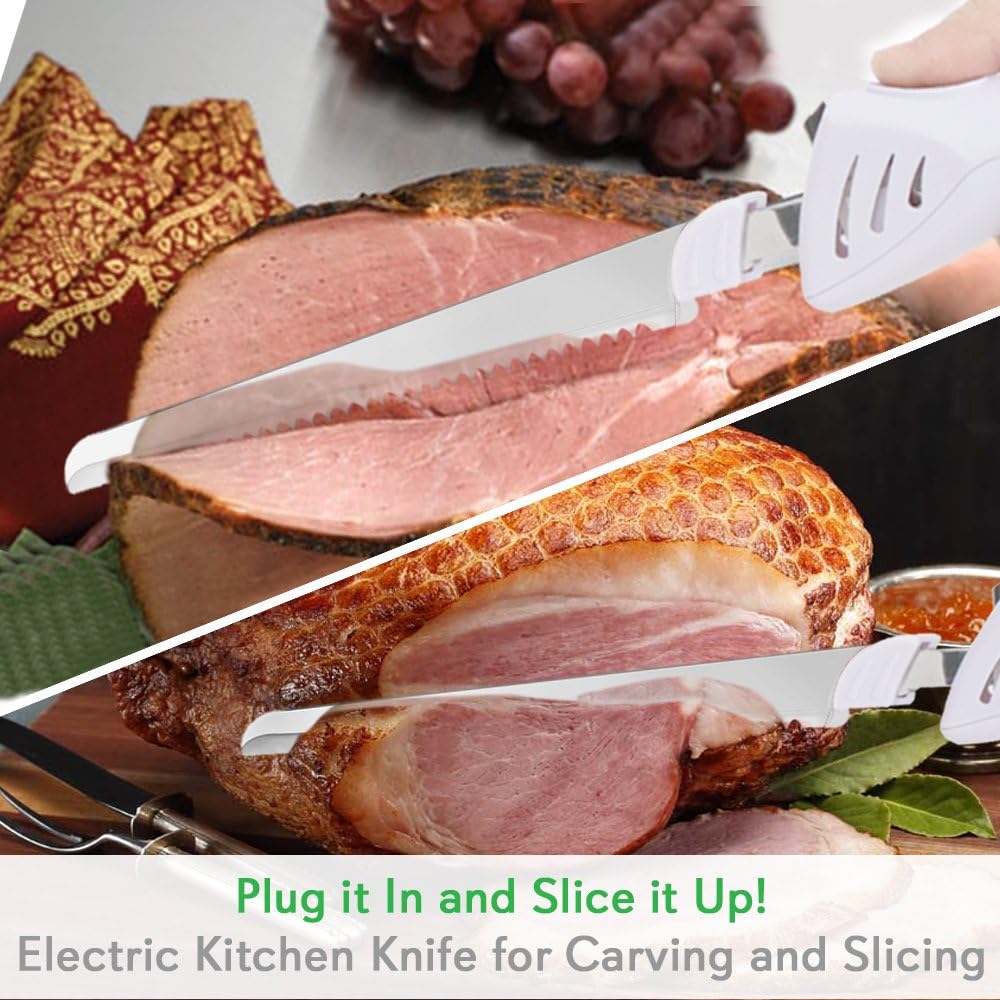 NutriChef PKELKN16 Portable Electrical Food Cutter Knife Set with Bread and Carving Blades, Wood Stand, One Size, White (Pack of 4): Kitchen & Dining