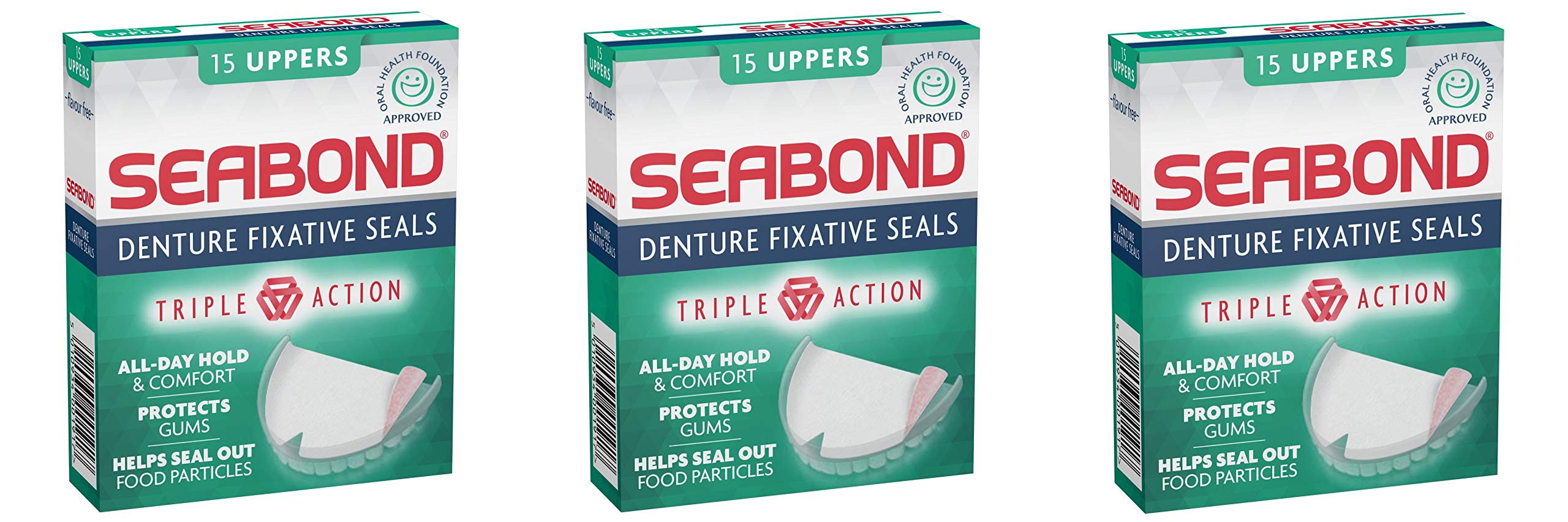 THREE PACKS of Seabond Denture Fixative Uppers