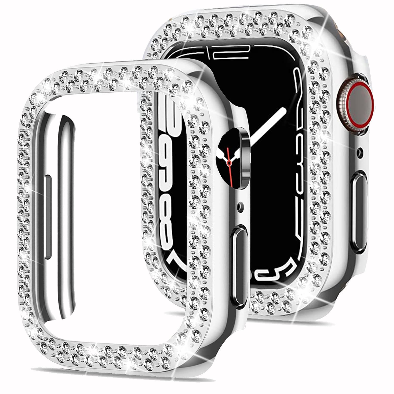 Miimall for Apple Watch Series 8/Series 7 45mm Case with Bling Crystal Rhinestone, Hard PC Bumper Anti-scratch Anti-drop Full Coverage Protective Cover for Apple Watch Series 8/Series 7-Silver