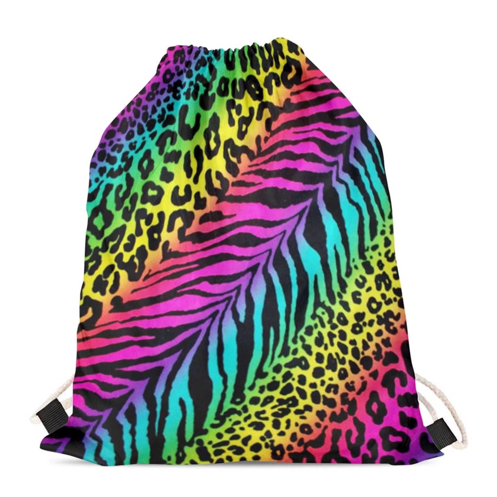 Showudesigns Rainbow Leopard Drawstring Bag Girls Swim Bag String Bag Gym Sackpack Drawstring Backpack for Beach Travel Cinch Sack Colorful