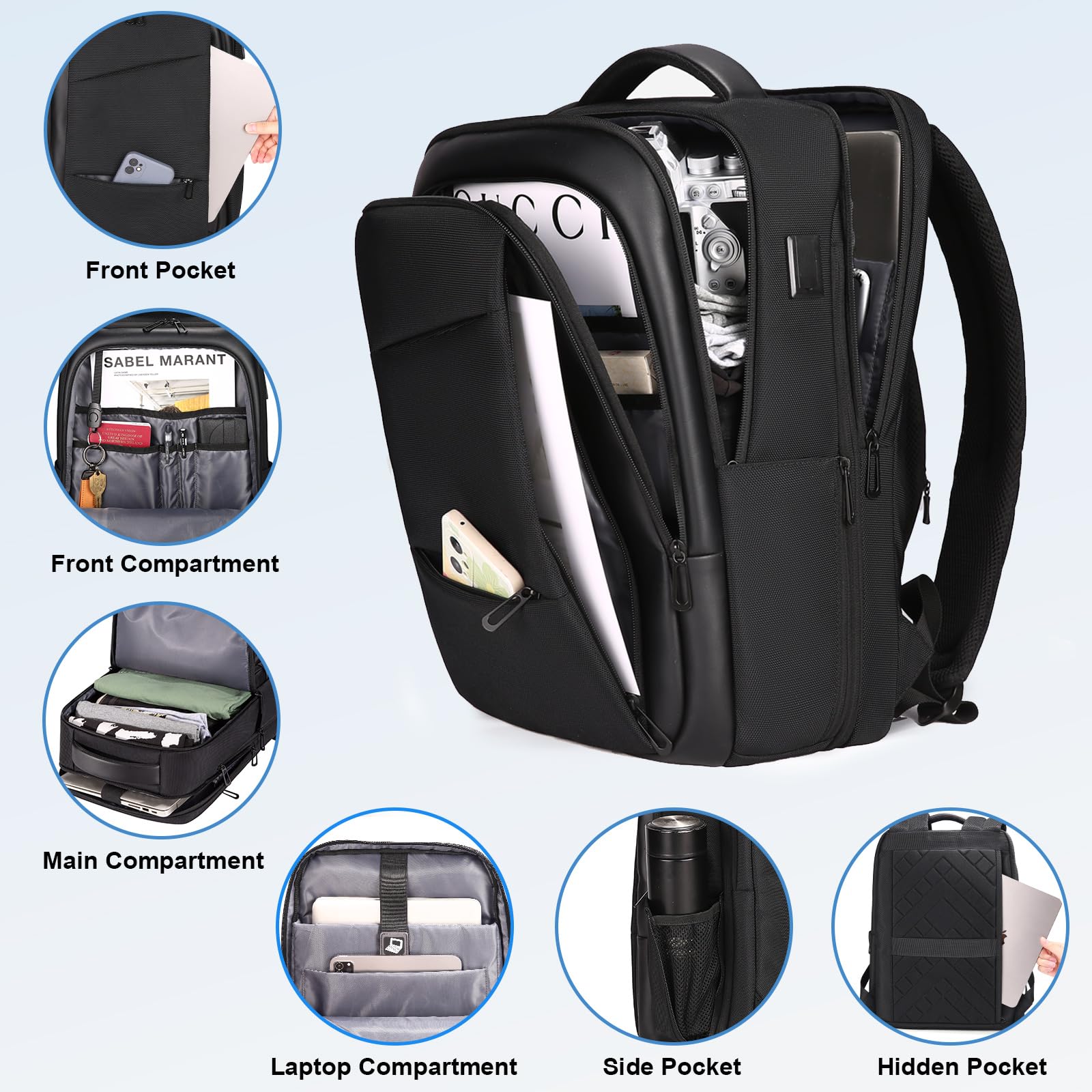 FENRUIEN Travel Laptop Backpack 15.6 Inch, Expandable Computer Backpack with USB Charging Port, Black Business Backpack for Men