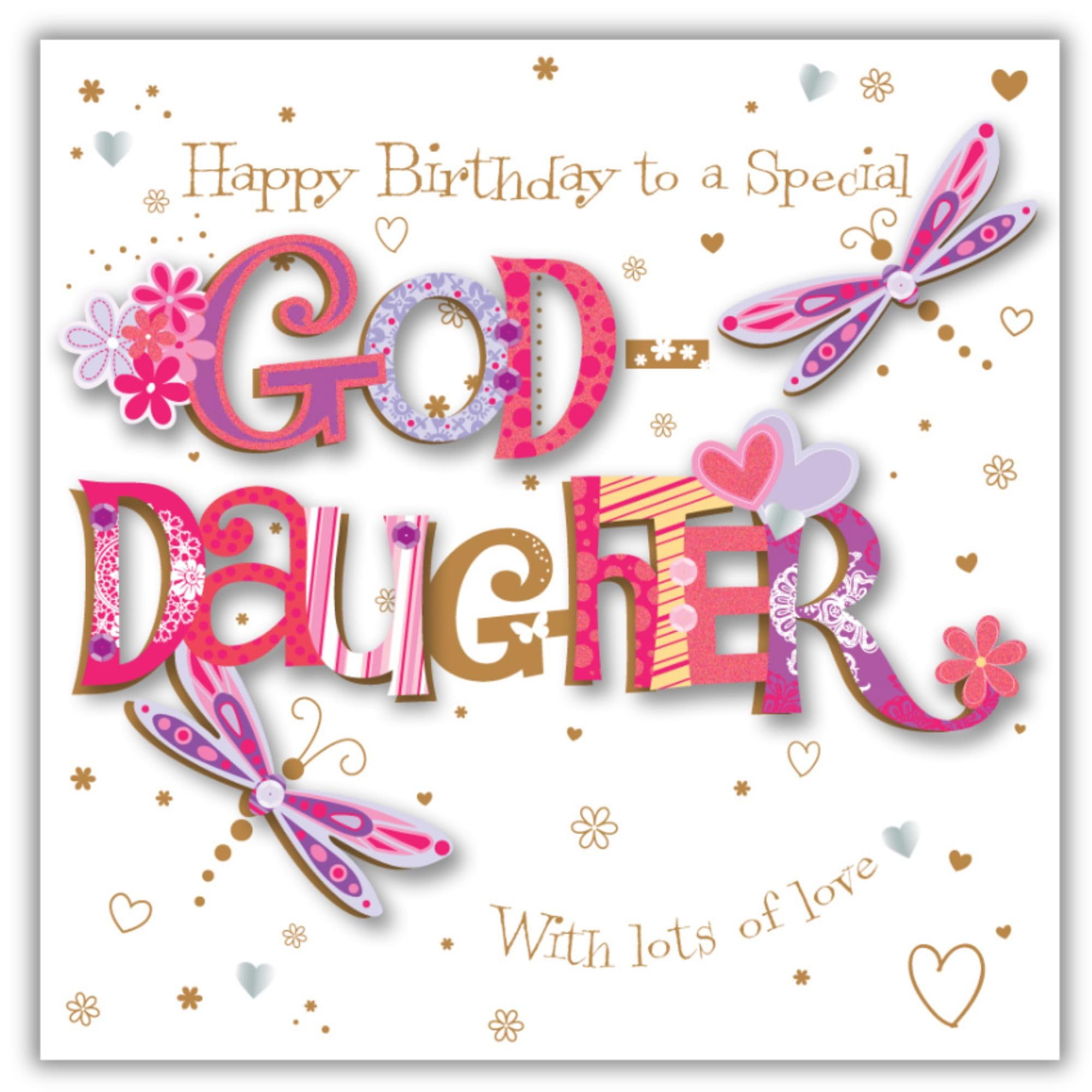 Ling Design Birthday Card for Goddaughter - Dragonfly Design - Foil Finish with Embellishments - Pretty Birthday Greeting Card to a Special Goddaughter - For Her