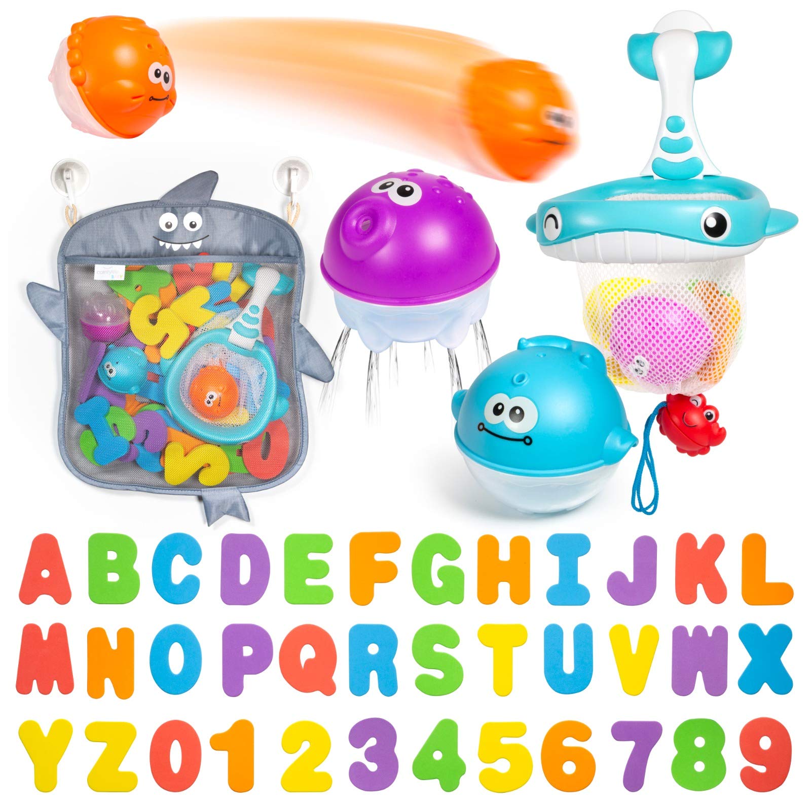 Comfylife Baby Bath Toy Organizer - No Slime or Mold Bath Toy Storage for Shower - Bathtub Toy Organizer Includes Foam Bath Toys (Numbers &amp; Letters &amp; Squirty Toys) + Extra Net That Doubles as a Toy