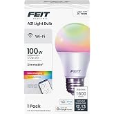 Feit Electric Smart Light Bulbs, A21 RGBW Color Changing, 100W Eq - 1 Pack | Wi-Fi 2.4GHz, Works with Alexa &amp; Google, Dimmable, E26 1600 Lumens, Tunable White 2700-6500K, CRI 90, Wifi LED Light Bulbs