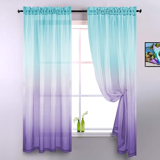 Amazon Com Lilac And Turquoise Curtains For Bedroom Girls Room Decor Set Of 2 Panels Ombre Patterned Window Semi Sheer Curtains For Living Room Kids Nursery Mermaid Themed Green And Purple 52 X