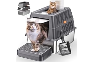 ICYAIR XXXL Stainless Steel Litter Box with Lid, Extra Large 28" Lx20 Dx18.1 H Litter Box for Big Cats, Enclosed Jumbo Metal Litter Boxes with Removable Cover & Footboard, Anti-Leakage,Odorless