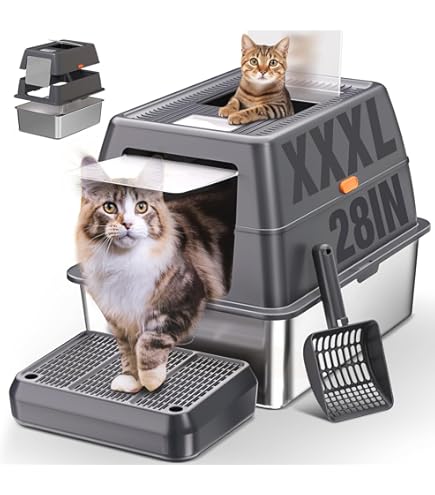 URPOWER Stainless Steel Cat Litter Box - Extra Large Enclosed Box With Lid & Dual Entry