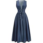 winkbay Women's Summer Denim Maxi Dress Y2k Tie Front Deep V Neck A Line Cute Going Out Dresses