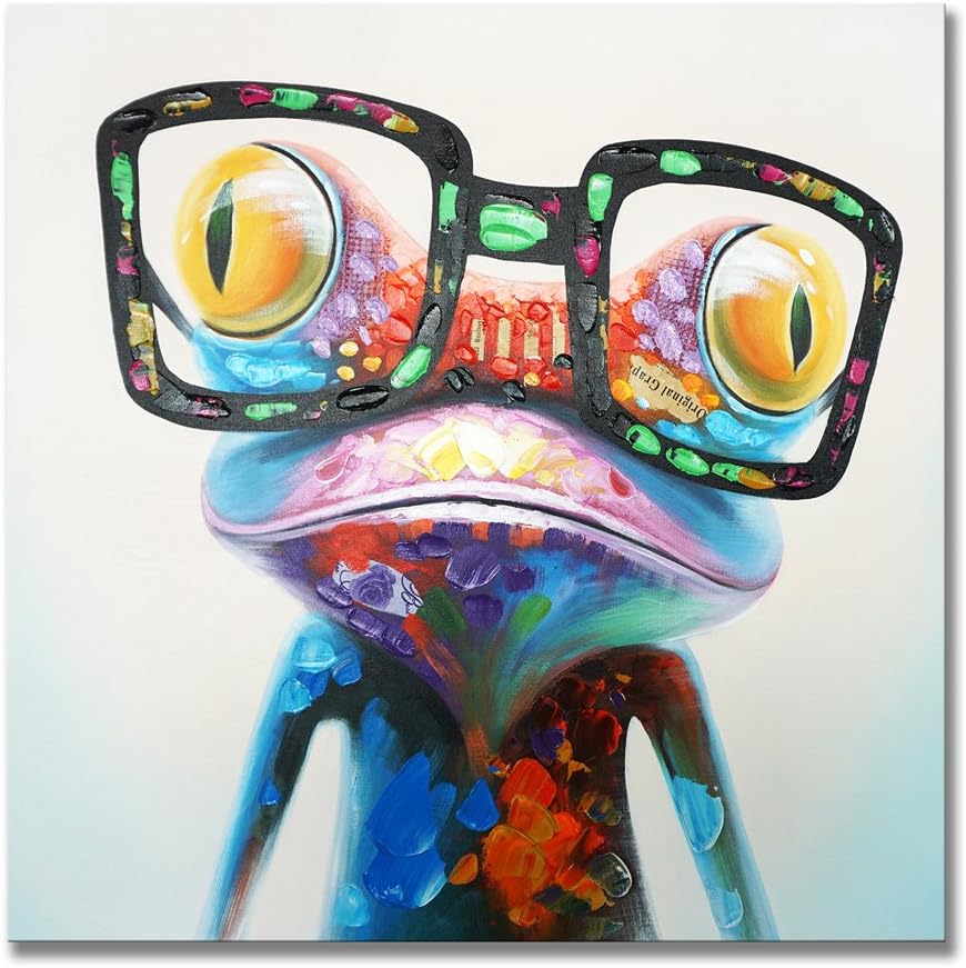 Paintings - SEVEN WALL ARTS Happy Frog with Glasses Wall Art Funny Animal Pictures Hand Painted Oil Painting Large Framed Artwork for Kids Room Bedroom Living Room Ready to Hang 32 x 32 Inch