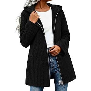 LBOVBE Women Cable Knit Fleece Lined Coat Full Zip Long Sleeve Warm Jacket | Thick Jacquard,Hood Design,Side Pockets,Midi Len
