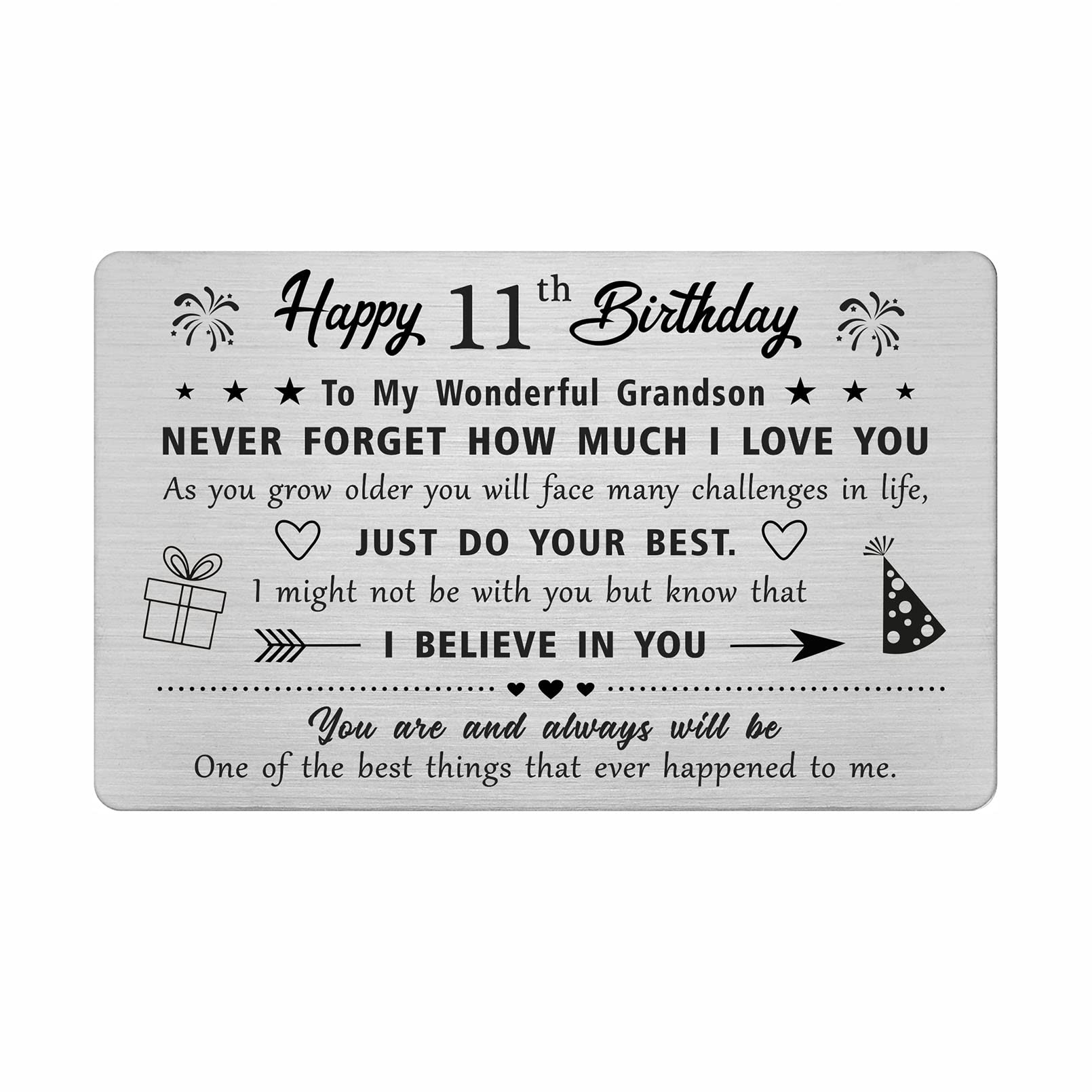 FALOGI Grandson 11th Birthday Card - Happy 11 Year Old Birthday Card for Grandson - Birthday Gifts for 11th Year Old Grandson, Metal Engraved Wallet Card