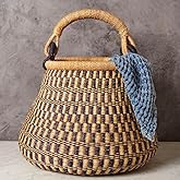 Home & Kitchen Decor, Wicker Basket, Picnic Basket, Living Room Basket, Organizing, Harvesting, Foraging, Fruit Storage, Hand Woven, Pot Shape, 16" Wide, Boho - Natural Navy