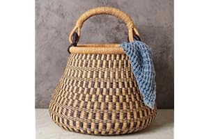 AFRICA IN A BASKET Home & Kitchen Decor, Wicker Basket, Picnic Basket, Living Room Basket, Organizing, Harvesting, Foraging, Fruit Storage, Hand Woven, Pot Shape, 16" Wide, Boho - Natural Navy