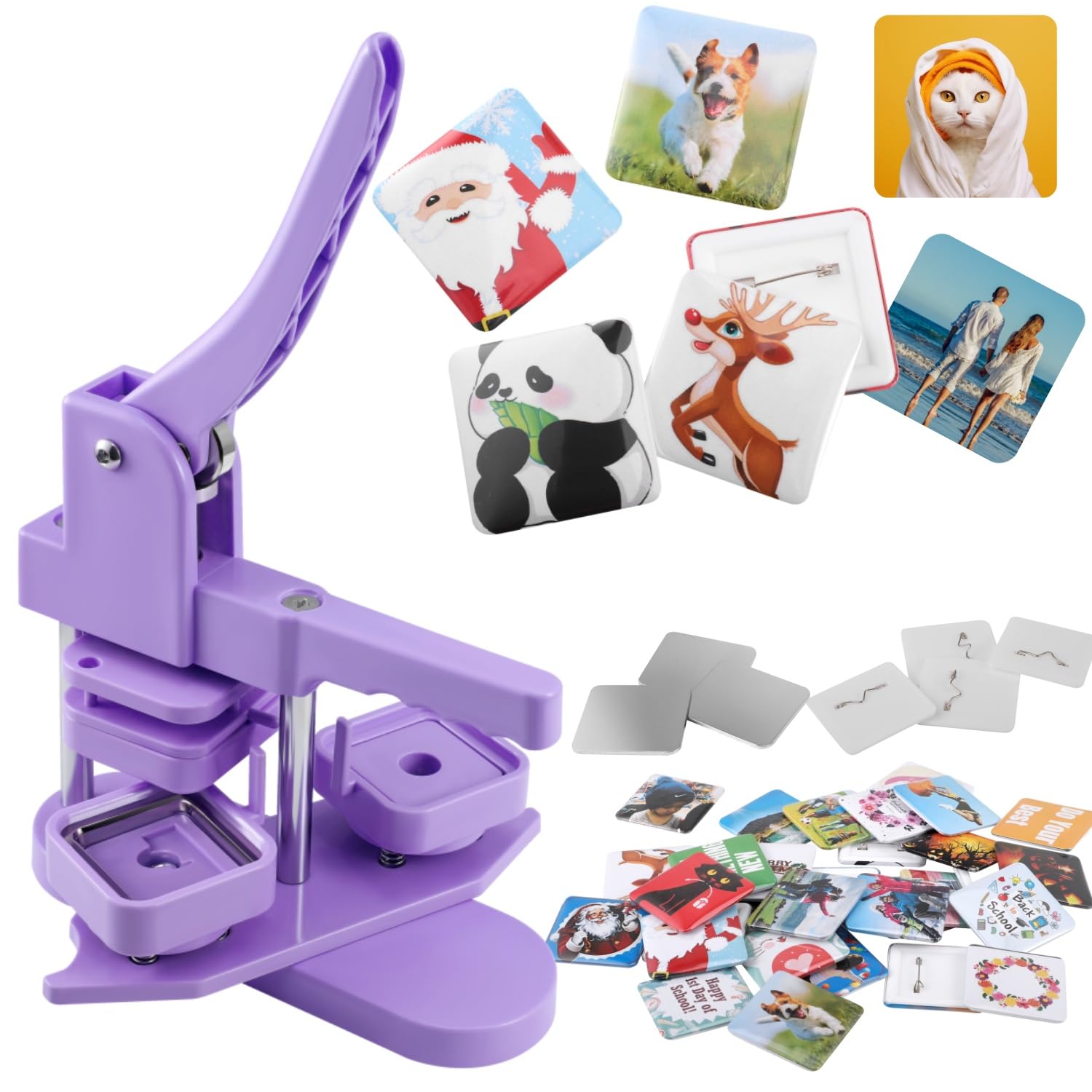 Photo 1 of Square Button Maker Machine with 100 Pin Badge Making Supplies 2'' x 2'' Square Button Press Kit for Custom Buttons Badges – Ideal for Parties, Events, Business, School