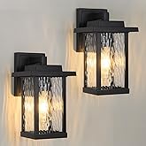 Outdoor Wall Light Fixtures, Modern Exterior Wall Mount Lanterns, Outside Wall Sconces in Black Finish with Water Ripple Glas