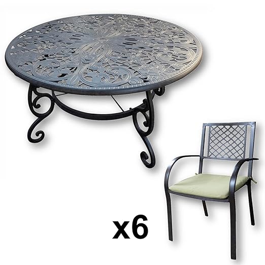 Lazy Susan - JOYCE 135 cm Runder Gartentisch mit 6 Stühlen - Gartenmöbel Set aus Metall, Antik Bronze (JANE Stühle, Grüne Kis