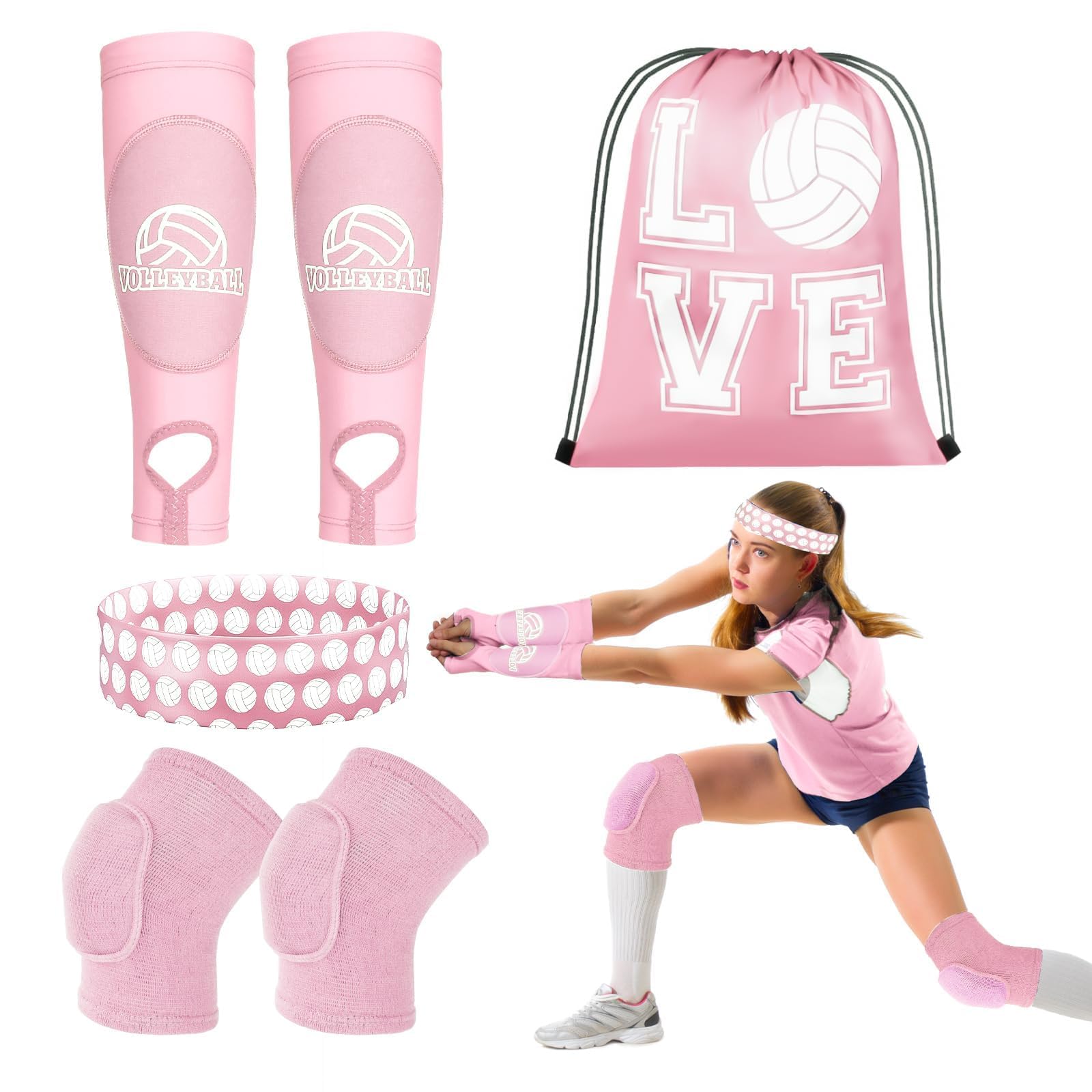 Photo 1 of Gosodeny 6 Pcs Volleyball Accessories, Include Volleyball Knee Pads Arm Sleeves Drawstring Bag Softball Headbands Volleyball Protection Equipment Gifts for Women Teens Girls Boys Training