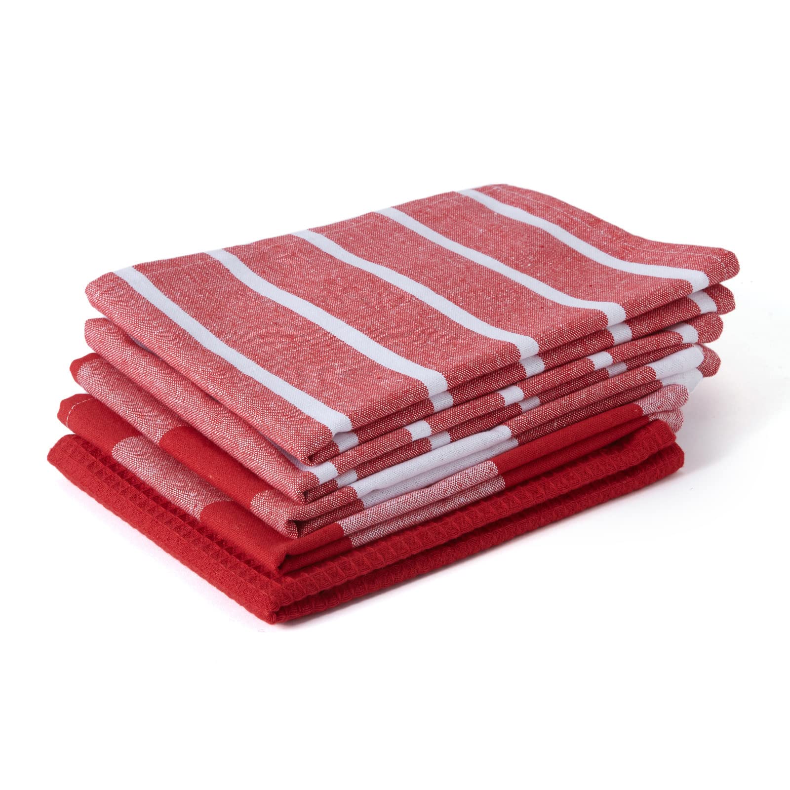 Encasa XO Kitchen Dish Towels Set | Red | Waffle Weave and Flat Hand Tea Towel | 70x45 cm | Quick Drying Reusable Cotton Washcloths | Multipurpose Lightweight Dishcloths Set of 5