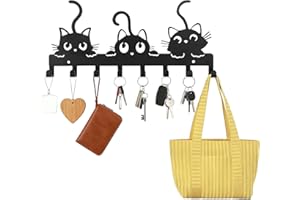 Penitue 8-Hook Wall Mounted Key Holder Rack, Cute Black Cat Shape Key Hanger Hooks for Entryway Hallway Office Dog Leash Home