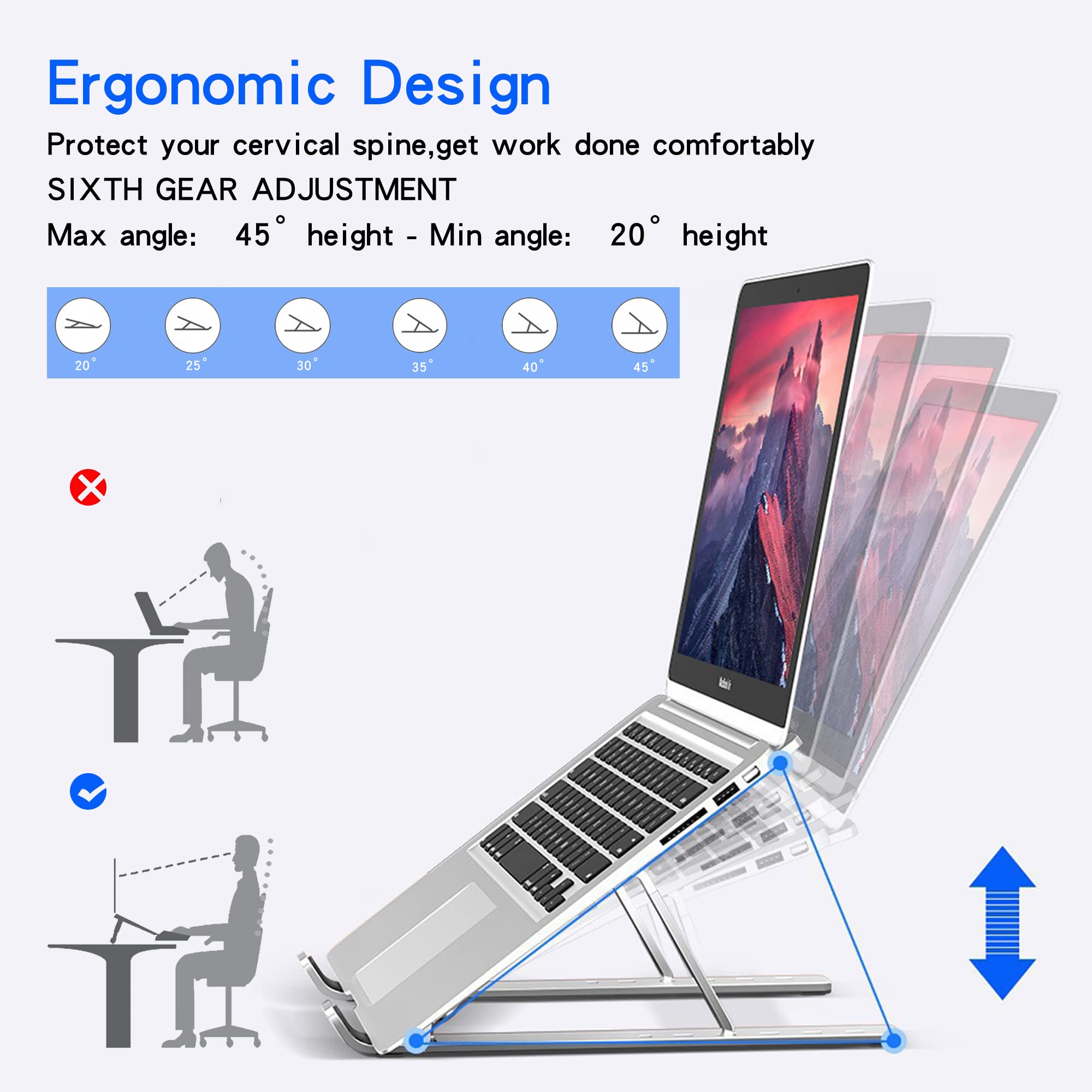 BONFOTO Laptop Stand for Desk, Adjustable Aluminum Foldable Portable Notebook Stand,Compatible with MacBook Air Pro, HP, Lenovo, Dell, More 10-15.6” Laptops and Tablets(Silver)