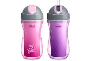 Chicco Double-Wall Insulated Flip-Top Sippy Cup with Silicone Straw and Spill-Free Lid 9oz.| Top-Rack Dishwasher Safe | Easy to Hold with Ergonomic Indents | Dream Pink/Purple, 2pk | 12+ months