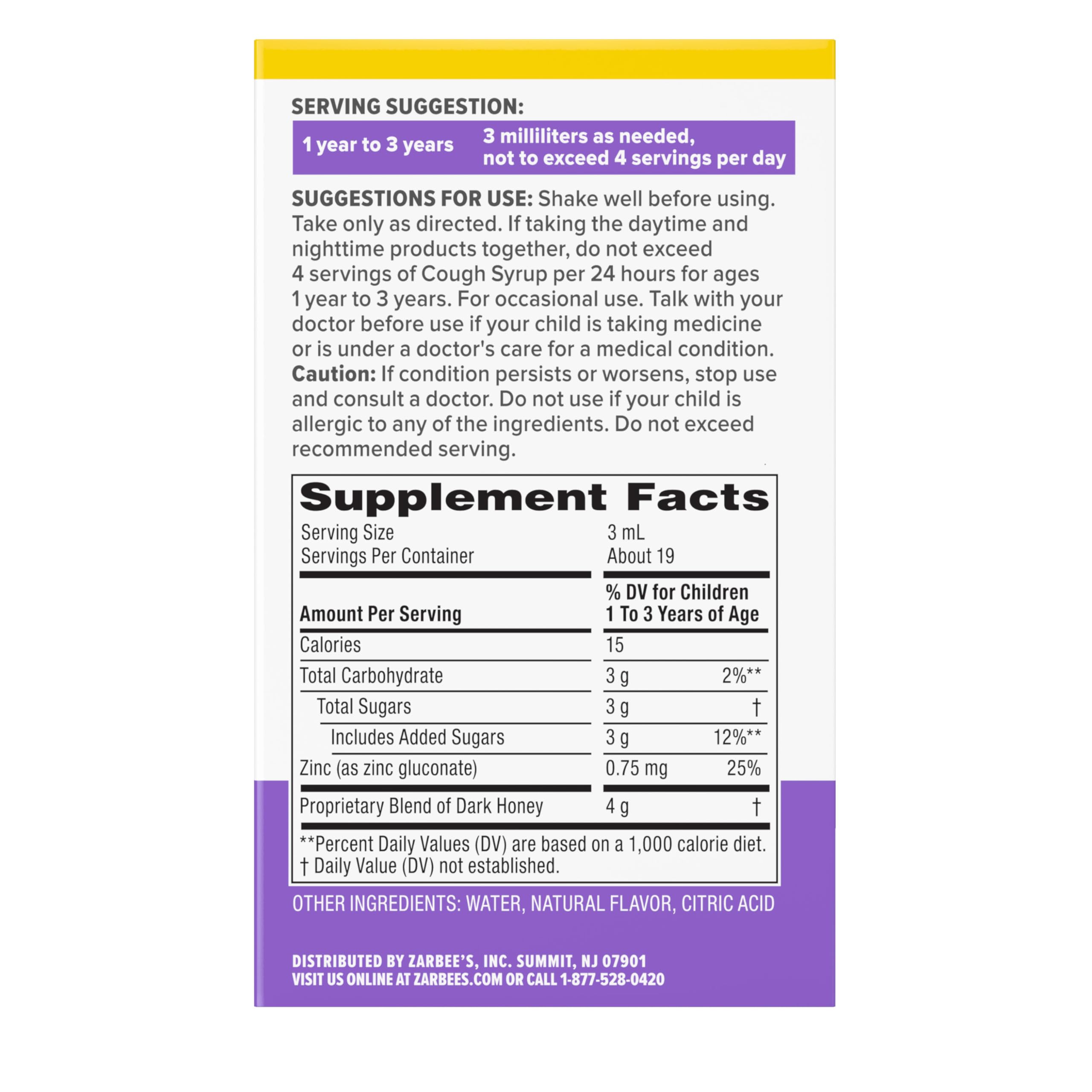 Zarbee's Baby Honey Cough Syrup + Immune for Babies 12-24 Months, Safe & Effective Cough Syrup with Soothing Dark Honey & Zinc for Immune Support*, Drug & Alcohol-Free, Cherry, 2 fl. oz