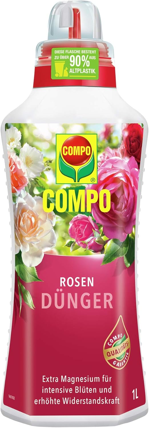Compo Rosendünger für alle Rosen im Zimmer, in Kübeln, Beeten sowie im Freiland, Spezial-Flüssigdünger mit extra Magnesium, 1 Liter