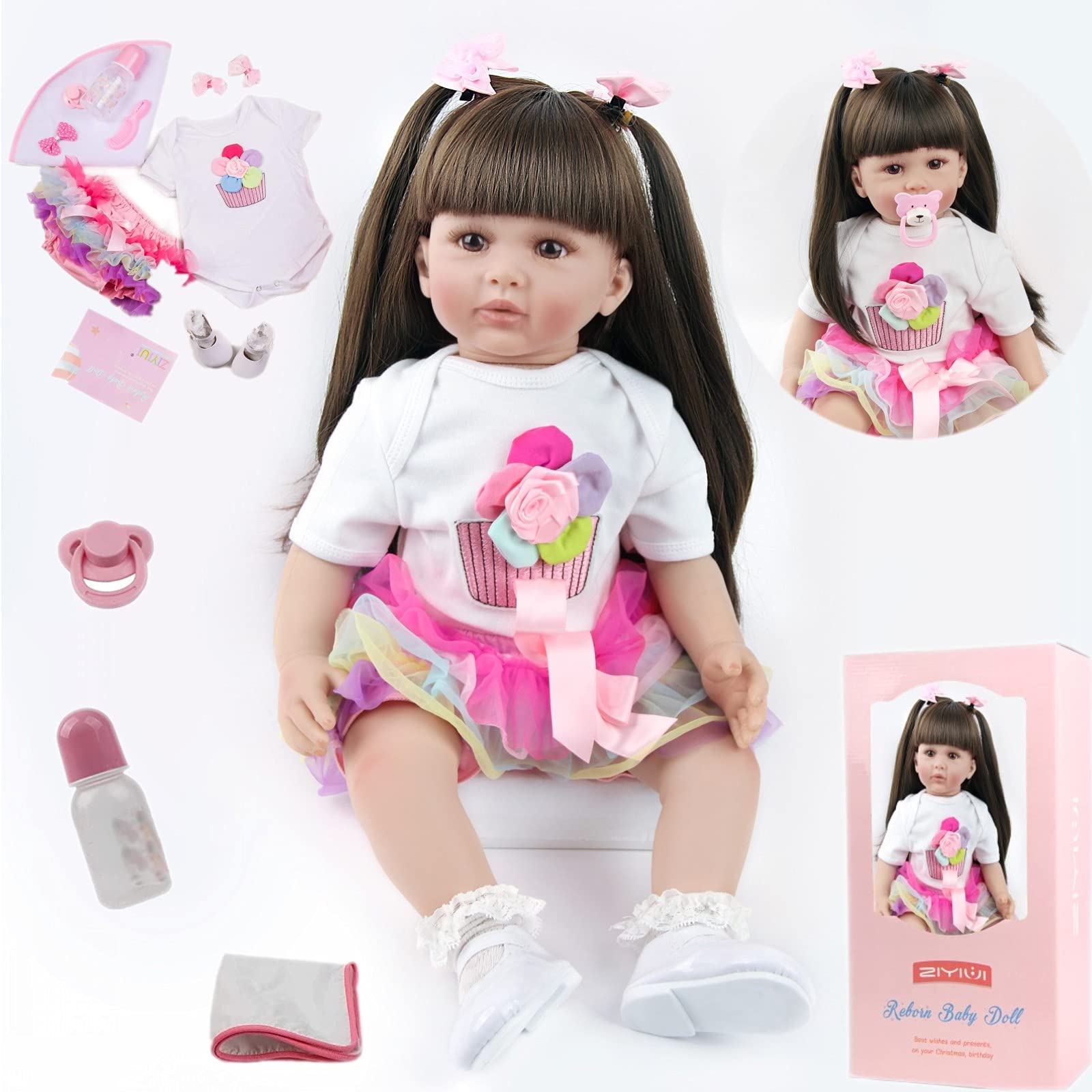 ZIYIUI Reborn Baby Dolls 24 inch 60cm Soft Silicone Real Life Toddler Baby Dolls brown Eyes Newborn Baby Xmas Gifts Reborn Babies (Long-haired girl in colored short skirt)