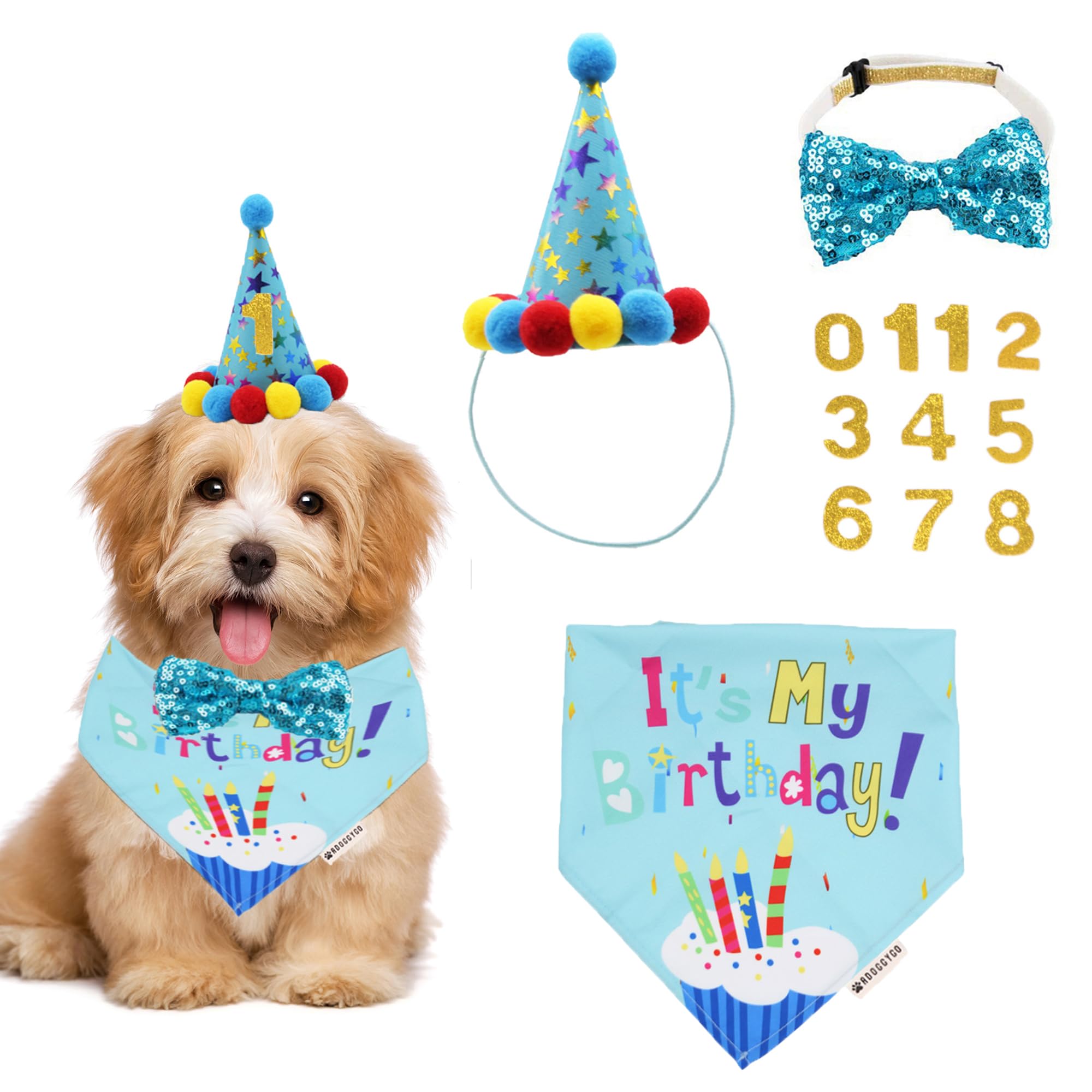 Photo 1 of ADOGGYGO Dog Birthday Bandana Scarf and Blue Boy Puppy Birthday Party Hat with Cute Bow Tie for Small Dog Cat (Small)