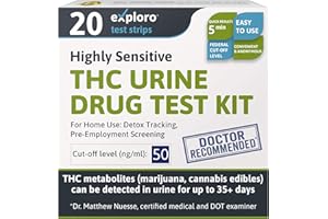 Exploro Highly Sensitive Marijuana Drug Test Kit, THC Drug Test Urine for Marijuana/Weed, Easy Home Drug Test Marijuana, THC Tests for Home for 50 ng/ml, THC Test Strips (Pack of 20)
