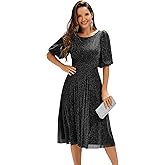 Ever-Pretty Women’s Glitter High Stretch Round Neck Midi Spring Summer Semi Formal Dresses Cocktail Wedding Guest Dress 02561